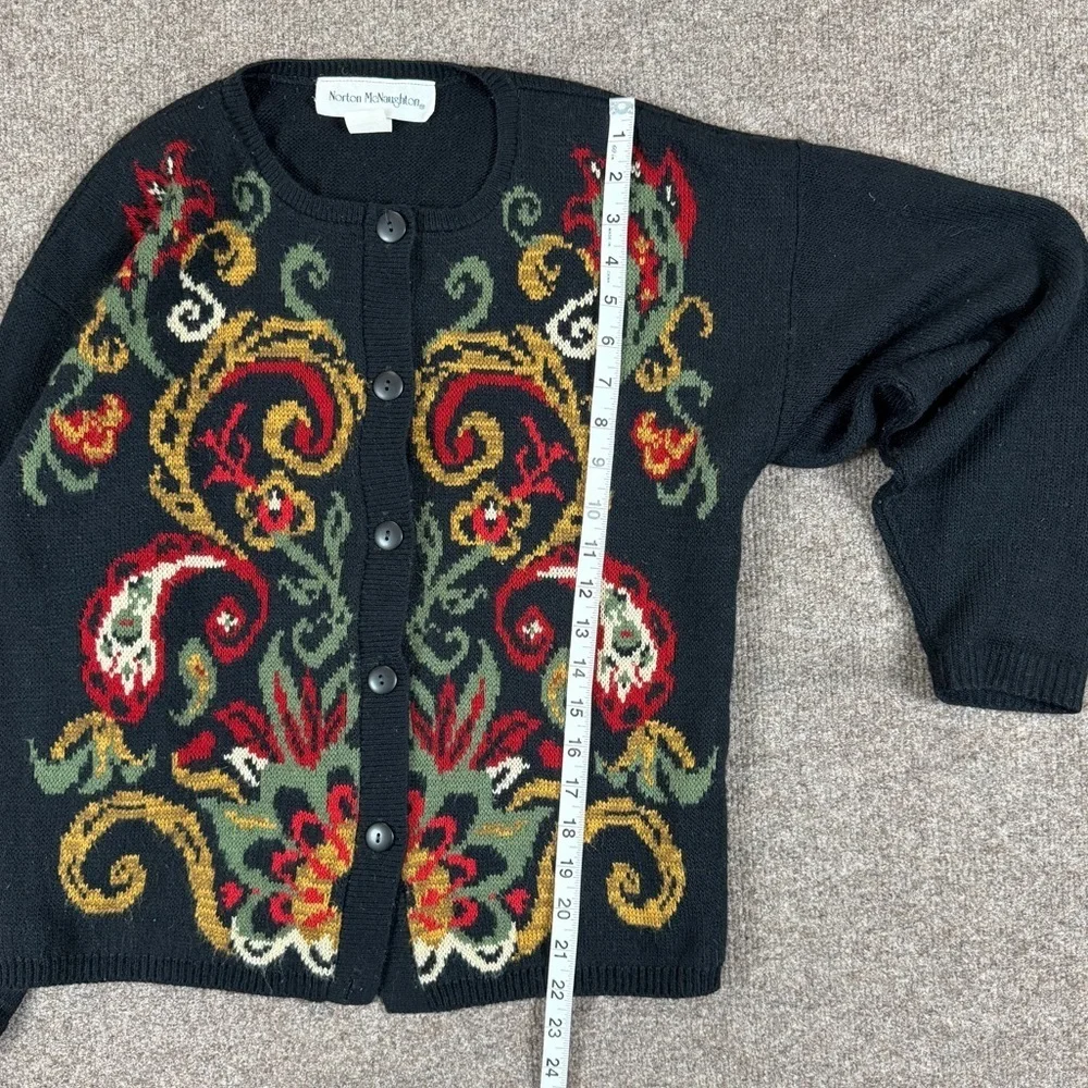 Vintage 90s Black Cardigan Sweater Women’s S Colorful Paisley Pattern Grannycore